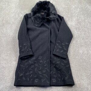 CLEMENTS RIBEIRO Black Embroidered Wool Blend Coat Faux Fur Collar Size M